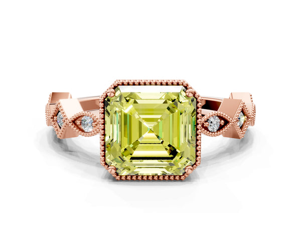 Rose Gold Asscher Cut Milgrain Bezel Engagement Ring Setting for Fancy Yellow Center with Station Band