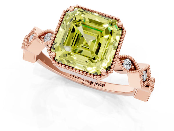 Rose Gold Asscher Cut Milgrain Bezel Engagement Ring Setting for Fancy Yellow Center with Station Band
