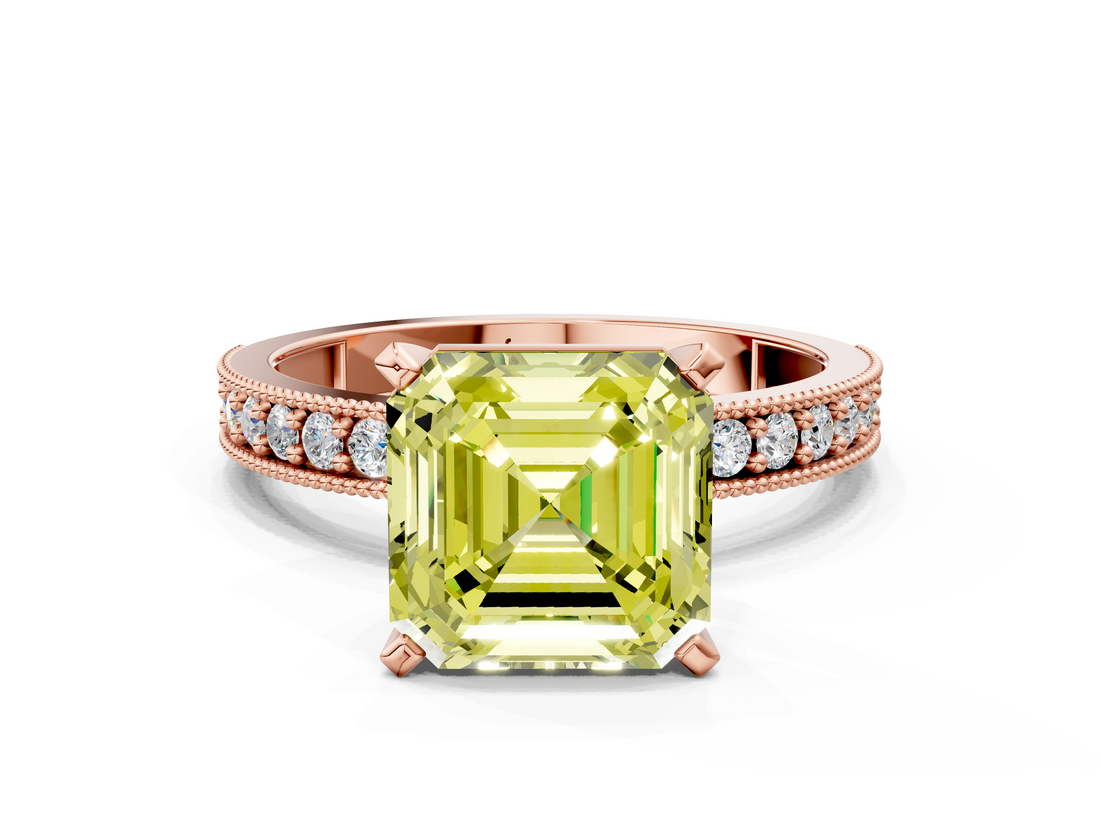 Rose gold Fancy Yellow Asscher  Milgrain Pave Diamond Engagement Ring with Four-Prong Setting