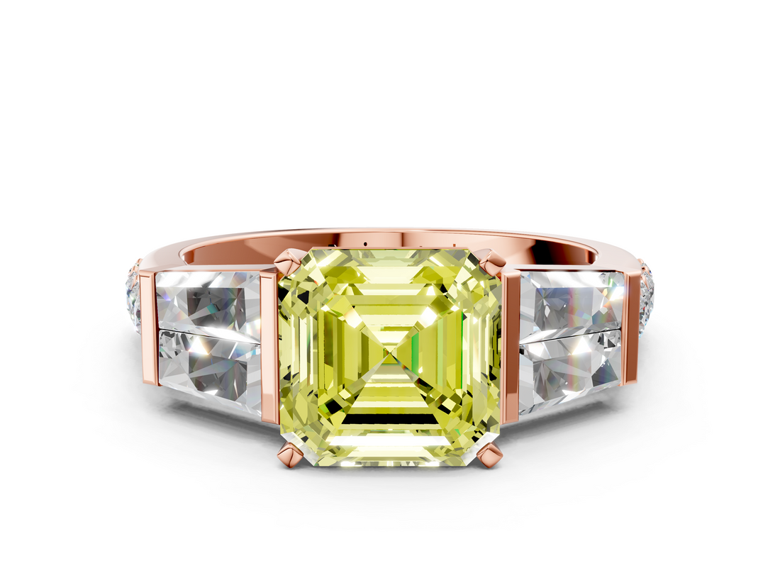 Rose gold Fancy Yellow Asscher  Solitaire Baguette Side Stone Channel Set Engagement Ring