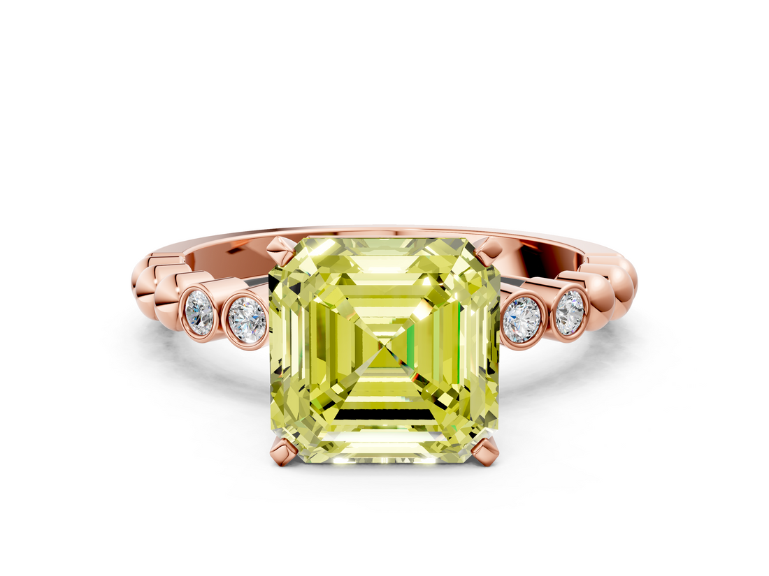 Rose gold Fancy Yellow Asscher  Solitaire Bezel Accent Diamond Engagement Ring with Beaded Band and Four-Prong Setting