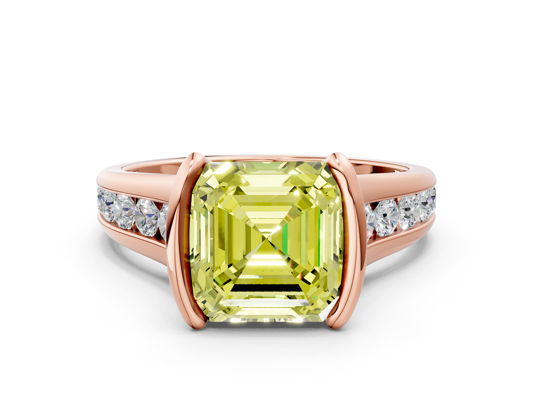 Rose gold Fancy Yellow Asscher  Solitaire Bezel-Set Diamond Ring with Channel-Set Band_17