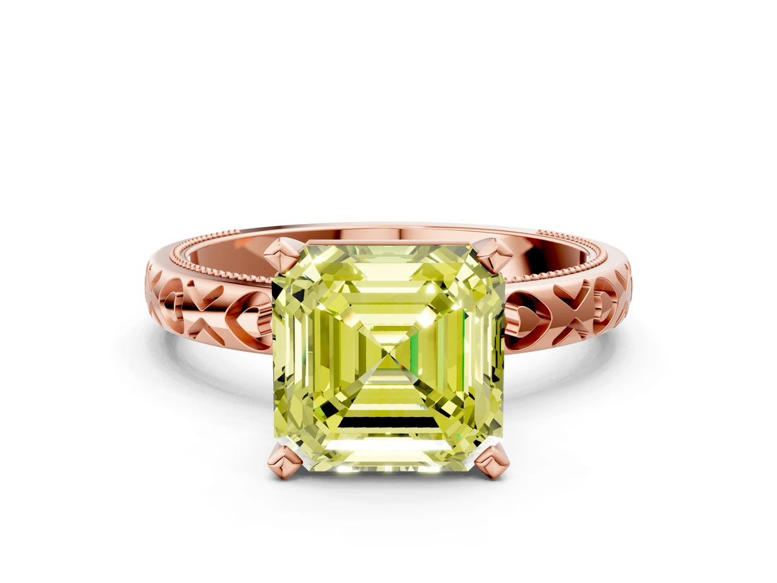 Rose gold Fancy Yellow Asscher  Solitaire Diamond Engagement Ring with XO Engraved Band and Four-Prong Setting