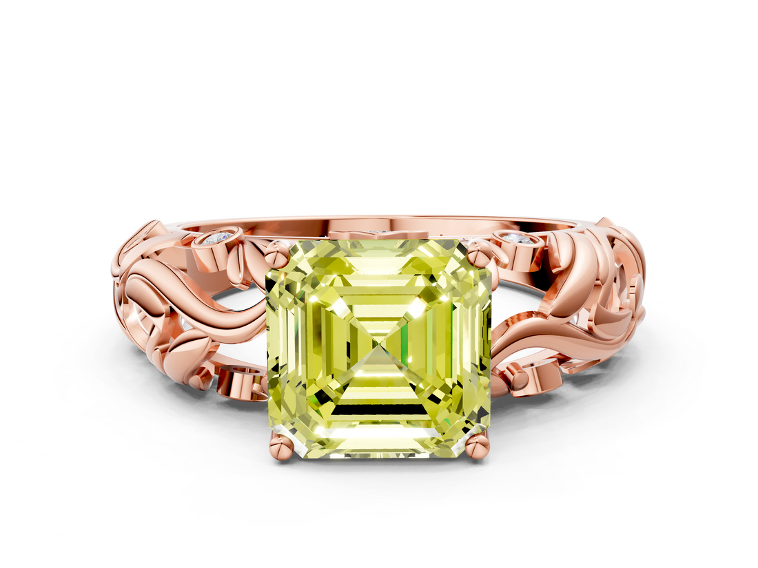 Rose gold Fancy Yellow Asscher  Solitaire Diamond Leaf Vine Band with Prong Setting_18