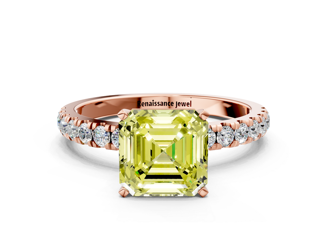 Rose gold Fancy Yellow Asscher  Solitaire Diamond Pavé Band with Four-Prong Setting