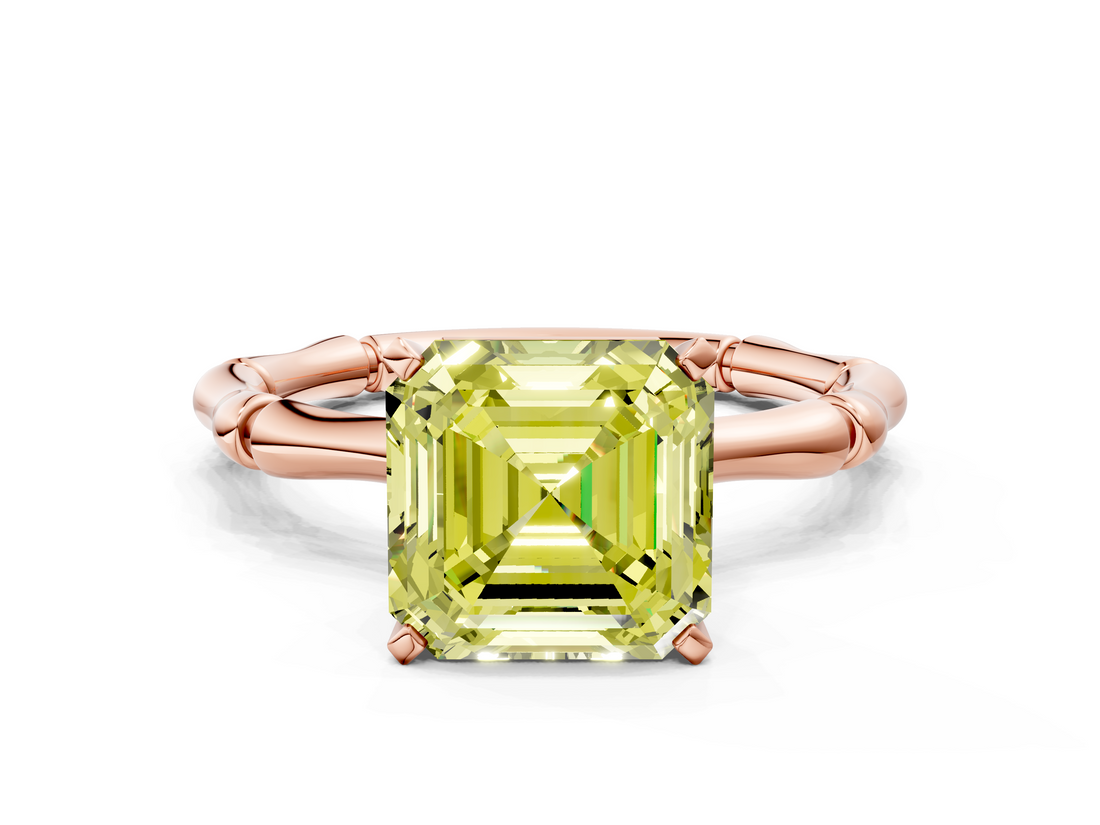 Rose gold Fancy Yellow Asscher  Solitaire Diamond Ring with Bamboo Band and Four-Prong Setting_22