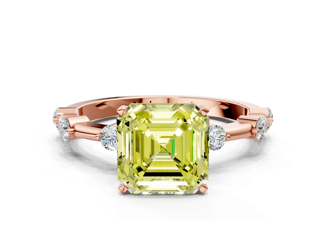 Rose gold Fancy Yellow Asscher  Solitaire Diamond Ring with Bezel Set Side Stones and Prong Setting