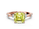 Rose gold Fancy Yellow Asscher  Solitaire Diamond Ring with Bezel Set Side Stones and Prong Setting