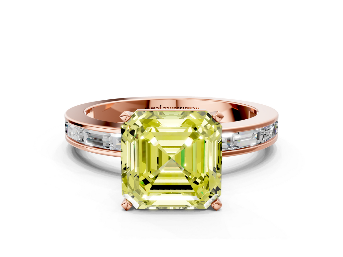 Rose gold Fancy Yellow Asscher  Solitaire Diamond Ring with Channel-Set Baguette Band and Four-Prong Setting_22