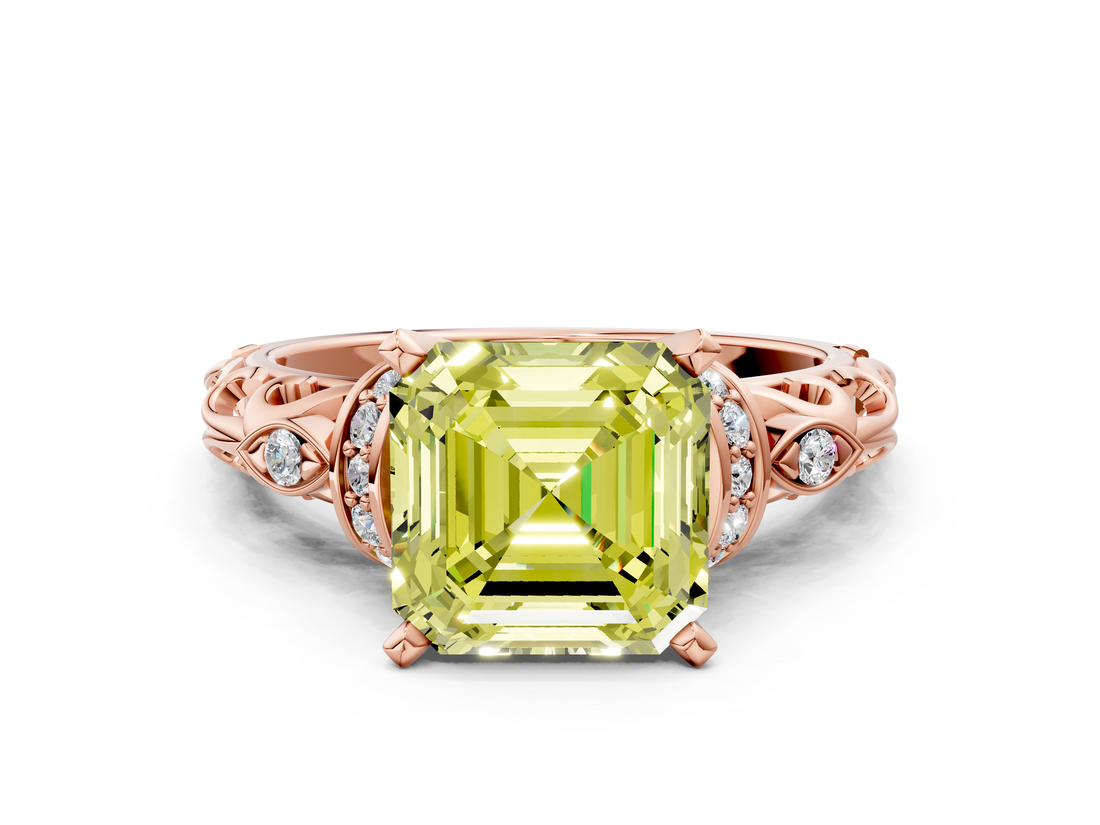 Rose gold Fancy Yellow Asscher  Solitaire Diamond Ring with Filigree Band and Four-Prong Setting