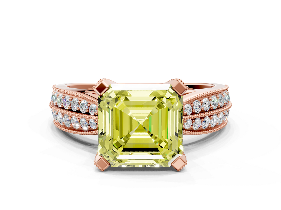 Rose gold Fancy Yellow Asscher  Solitaire Diamond Ring with Milgrain Pavé Band and Four-Prong Setting_54
