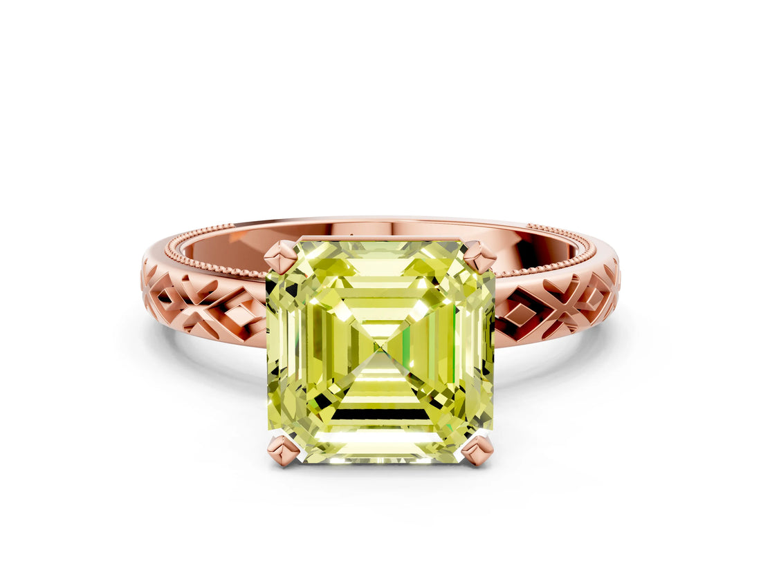 Rose gold Fancy Yellow Asscher  Solitaire Diamond Ring with Milgrain and Black Enamel X Pattern Band_45