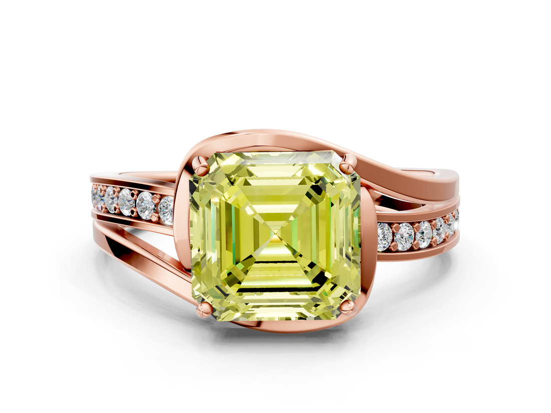 Rose gold Fancy Yellow Asscher  Solitaire Diamond Ring with Split Shank and Prong Setting
