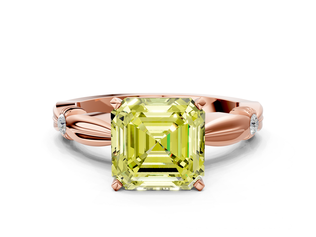 Rose gold Fancy Yellow Asscher  Solitaire Diamond Twisted Band with Four-Prong Setting
