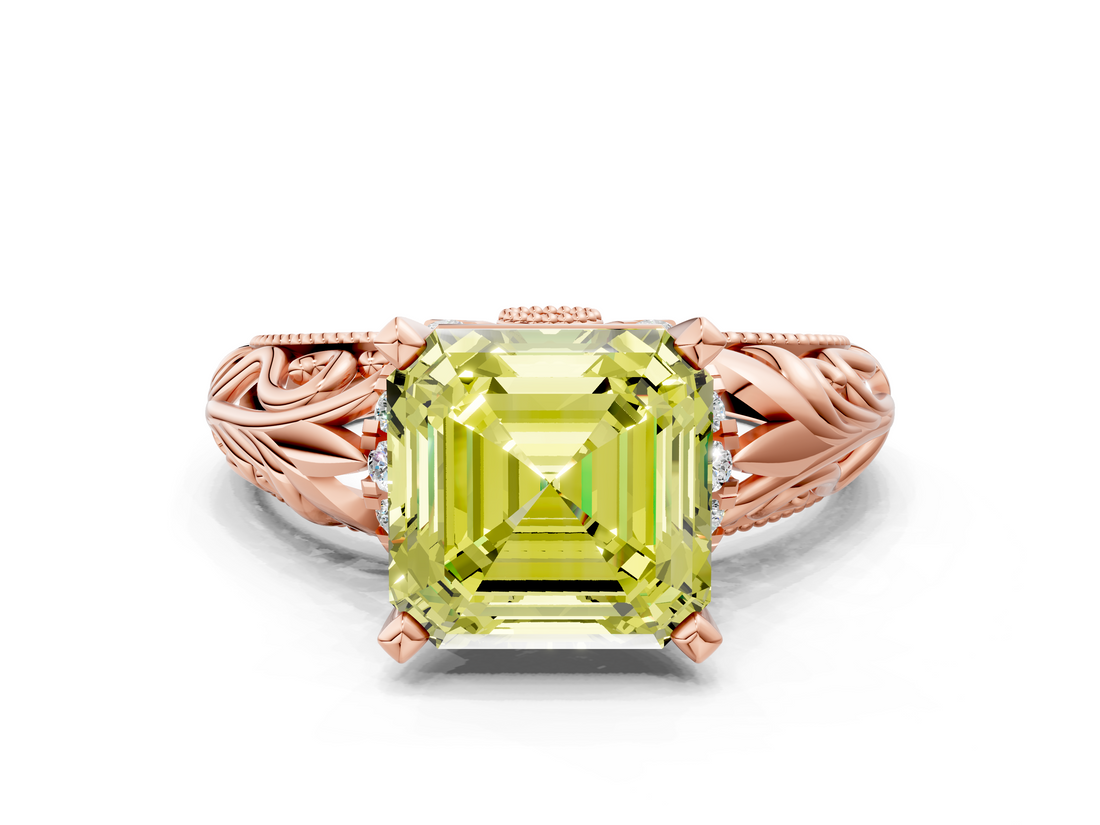 Rose gold Fancy Yellow Asscher  Solitaire Filigree Engagement Ring with Halo and Prong Setting_18