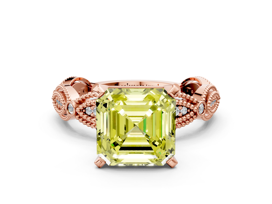 Rose gold Fancy Yellow Asscher  Solitaire Milgrain Diamond Engagement Ring with Bezel and Marquise Band