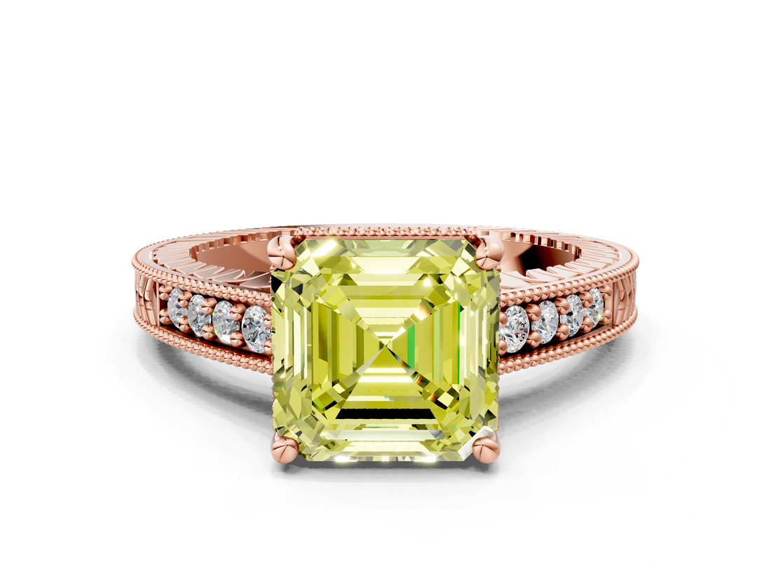 Rose gold Fancy Yellow Asscher  Solitaire Pavé Diamond Milgrain Engagement Ring with Four-Prong Setting
