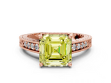 Rose gold Fancy Yellow Asscher  Solitaire Pavé Diamond Milgrain Engagement Ring with Four-Prong Setting