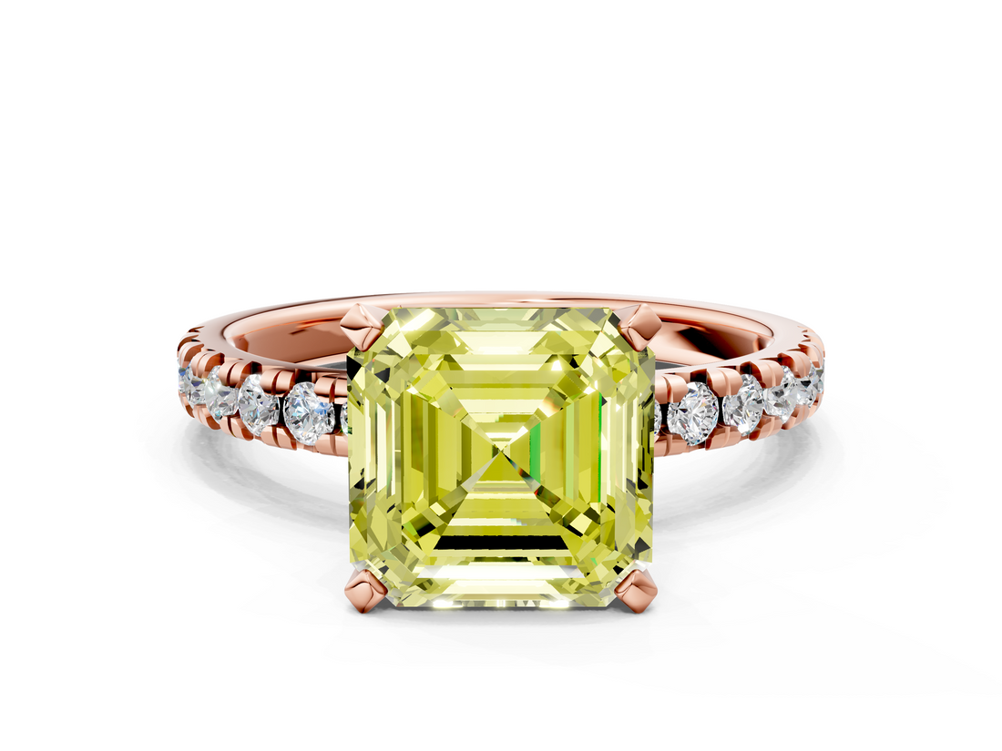 Rose gold Fancy Yellow Asscher  Solitaire Pave Diamond Engagement Ring with Four-Prong Setting