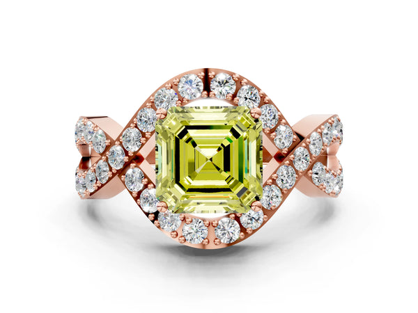 Rose Gold Asscher Cut Infinity Twist Pave Engagement Ring Setting for Fancy Yellow Center