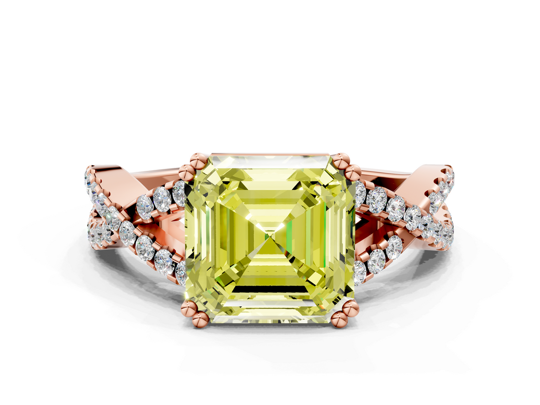 Rose gold Fancy Yellow Asscher  Solitaire Twist Band with Pavé Setting and Four-Prong Setting
