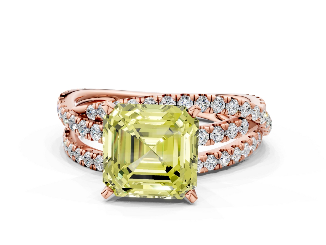 Rose gold Fancy Yellow Asscher  Solitaire Twist Band with Pavé Setting and Four-Prong Setting