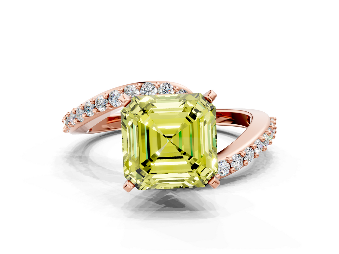 Rose gold Fancy Yellow Asscher  Solitaire Twist Band with Pave Set Diamonds and Four-Prong Setting