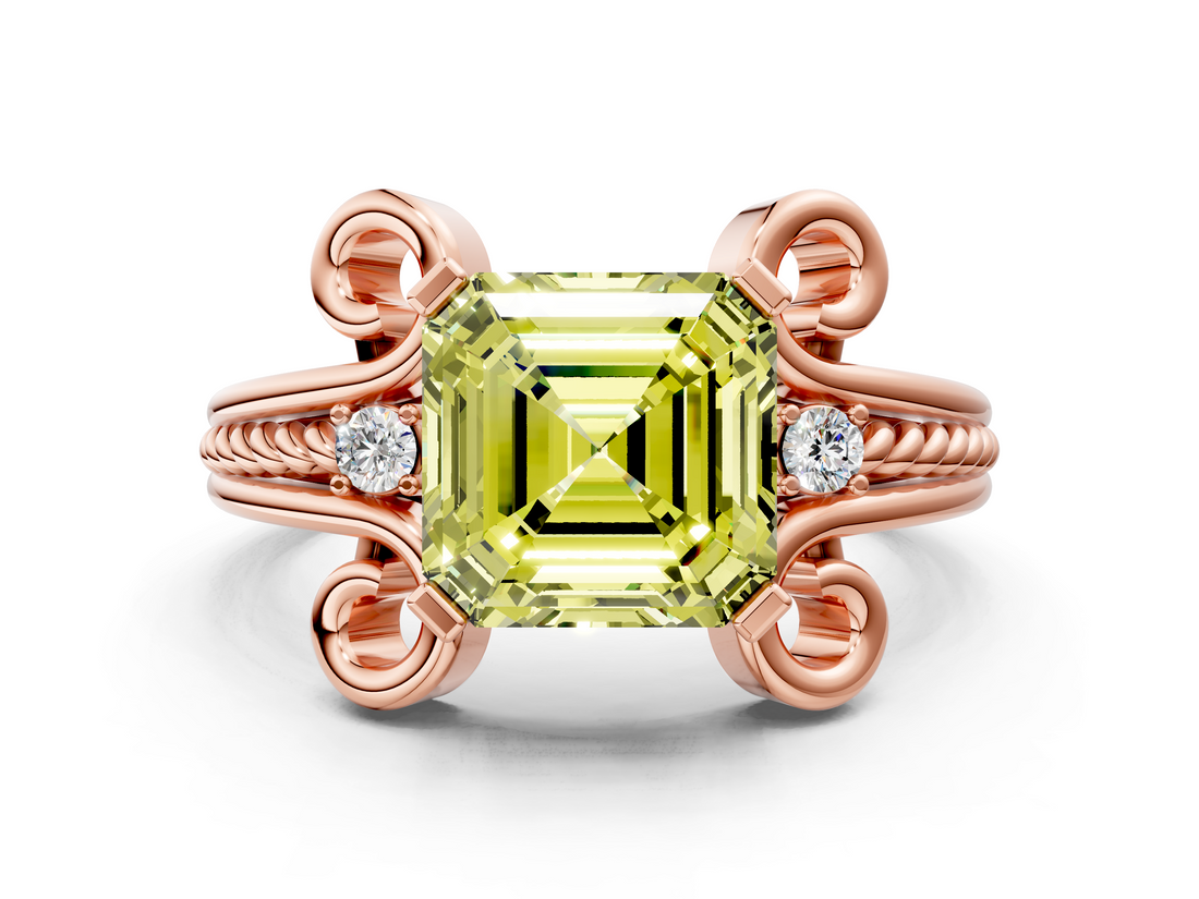 Rose gold Fancy Yellow Asscher  Solitaire Twisted Band Scroll Prong Ring_3