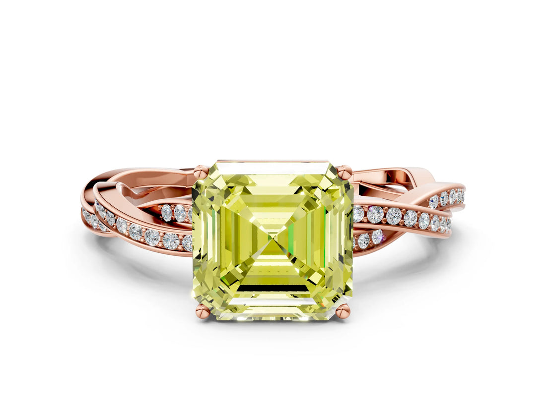 Rose gold Fancy Yellow Asscher  Solitaire Twisted Pave Diamond Ring with Four-Prong Setting_12