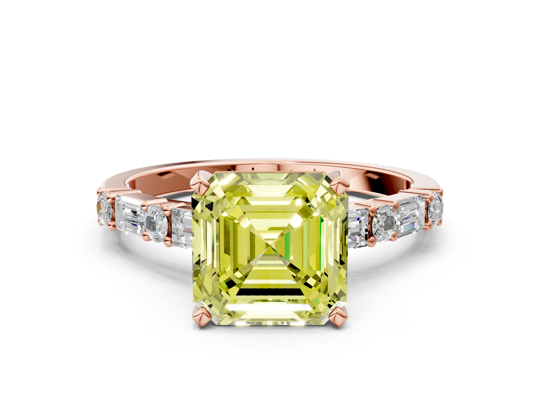 Rose gold Fancy Yellow Asscher  Solitaire with Side Baguettes and Channel Set Band