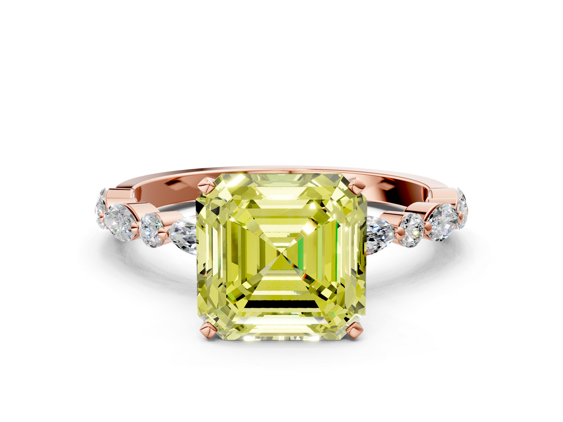 Rose gold Fancy Yellow Asscher  Solitaire with Side Stones on a Pavé Band and Four-Prong Setting