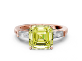 Rose gold Fancy Yellow Asscher  Solitaire with Tapered Baguette Side Stones on a Classic Band with Four-Prong Setting