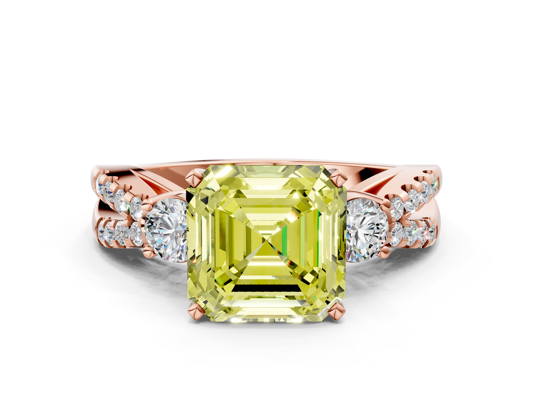 Rose gold Fancy Yellow Asscher  Three-Stone Diamond Ring with Pavé Split Shank and Four-Prong Setting_16