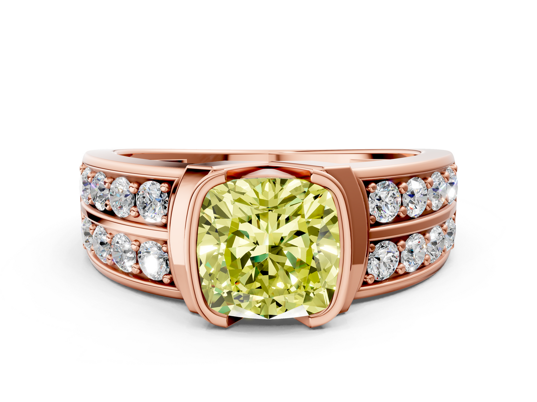 Rose gold Fancy Yellow Cushion  Brilliant Diamond Channel Set Wide Band Ring with Bezel Setting_18