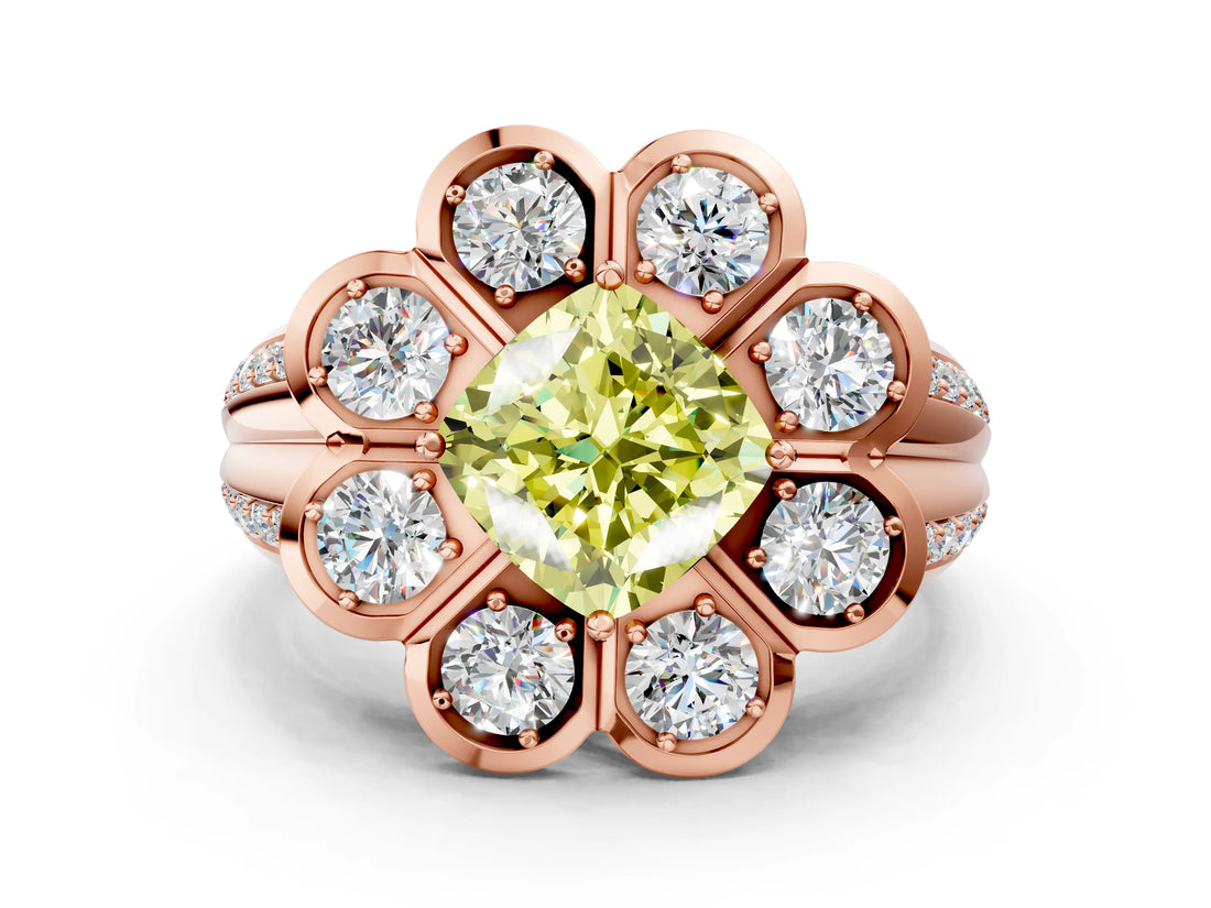 Rose gold Fancy Yellow Cushion  Brilliant Flower Halo Diamond Split Shank Ring_87