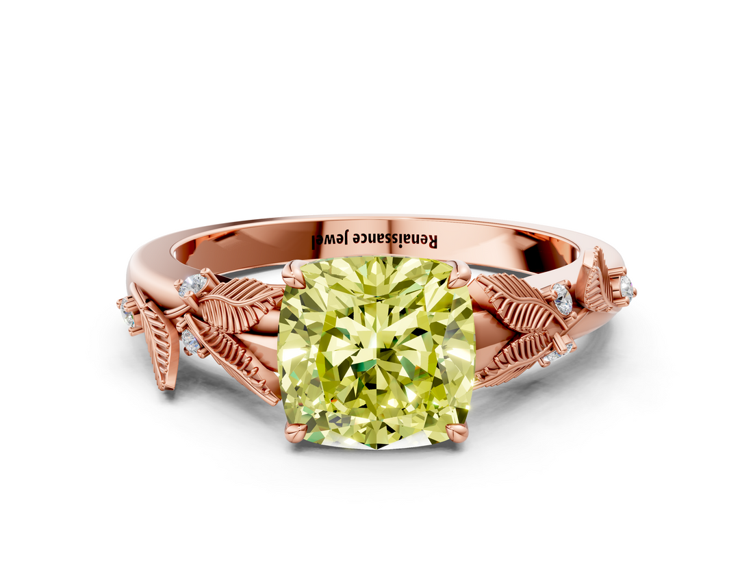 Rose gold Fancy Yellow Cushion  Brilliant Solitaire with Leaf Motif Band and Four-Prong Setting_63