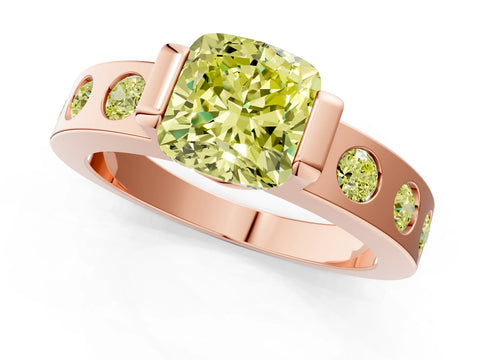Rose gold Fancy Yellow Cushion Cut Brilliant Channel-Set Diamond Ring with Bezel Prong Setting_1