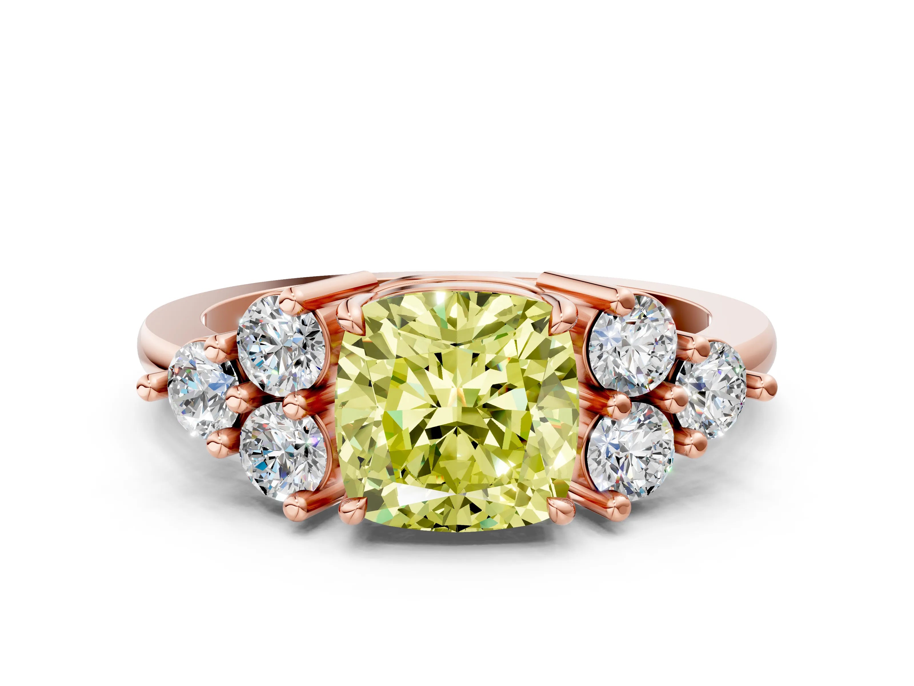 Rose gold Fancy Yellow Cushion Cut Brilliant Diamond Cluster Accent Solitaire Ring with Prong Setting