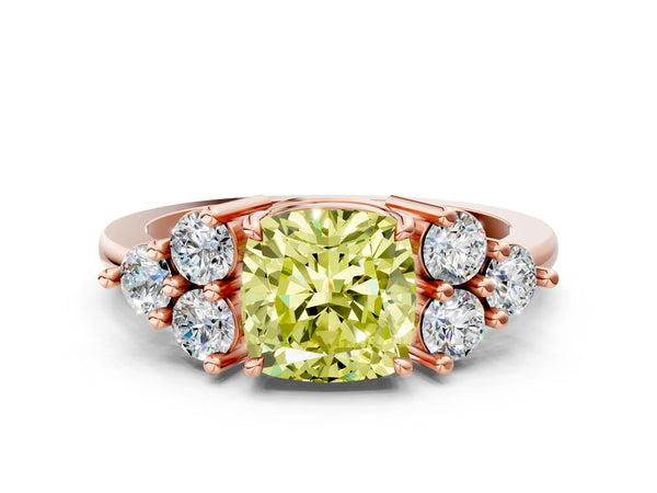 Rose gold Fancy Yellow Cushion Cut Brilliant Diamond Cluster Accent Solitaire Ring with Prong Setting