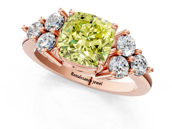 Rose gold Fancy Yellow Cushion Cut Brilliant Diamond Cluster Accent Solitaire Ring with Prong Setting