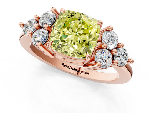 Rose gold Fancy Yellow Cushion Cut Brilliant Diamond Cluster Accent Solitaire Ring with Prong Setting_1