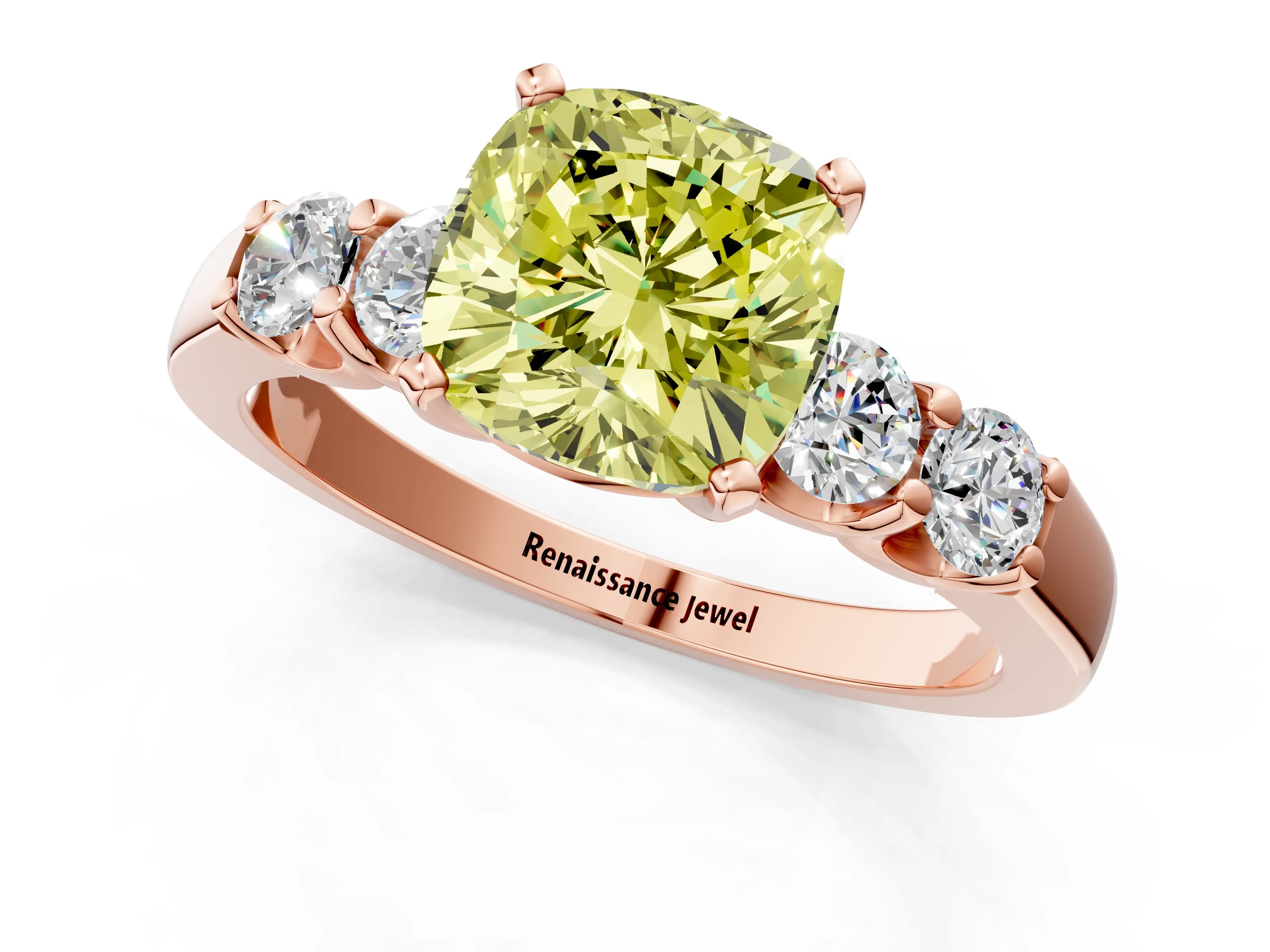 Rose gold Fancy Yellow Cushion Cut Brilliant Diamond Five-Stone Engagement Ring with Prong Setting on a Classic Band_4