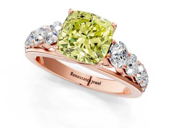 Rose gold Fancy Yellow Cushion Cut Brilliant Diamond Pavé Band with Six-Prong Setting