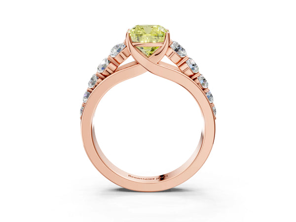 Rose gold Fancy Yellow Cushion Cut Brilliant Diamond Pavé Band with Six-Prong Setting