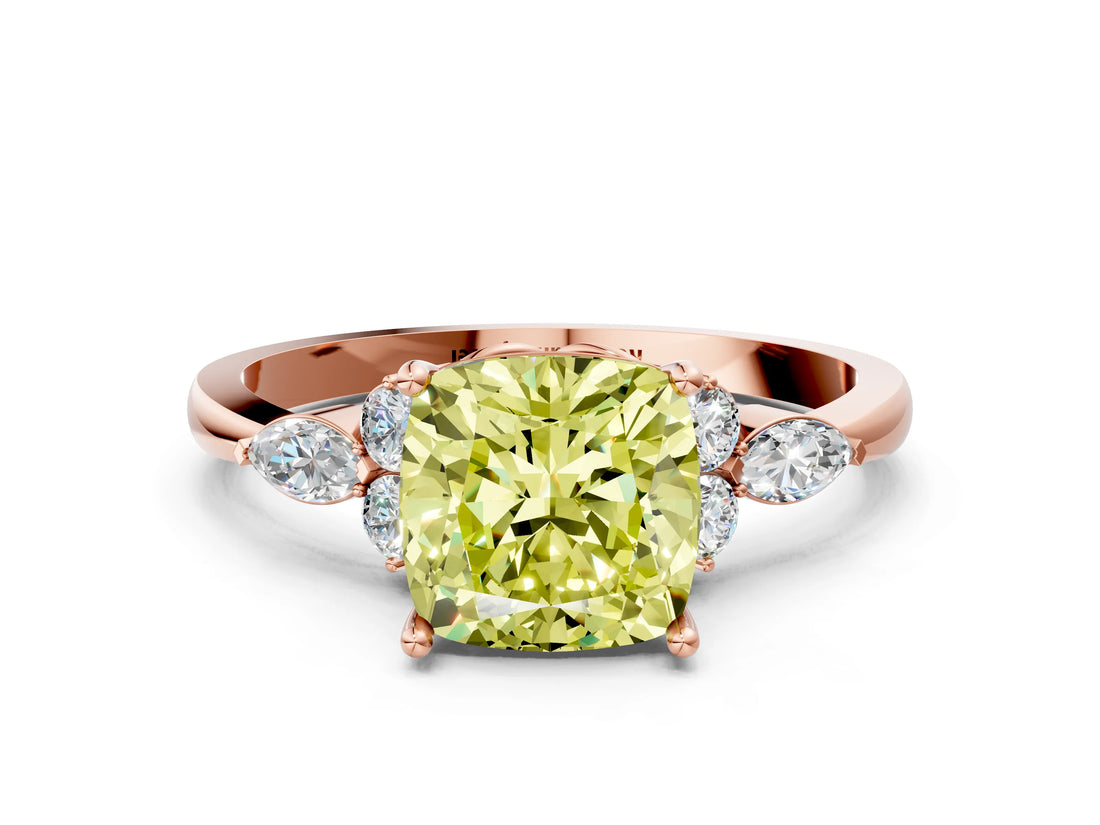 Rose gold Fancy Yellow Cushion Cut Brilliant Diamond Solitaire Ring with Pear Side Stones and Four-Prong Setting_3
