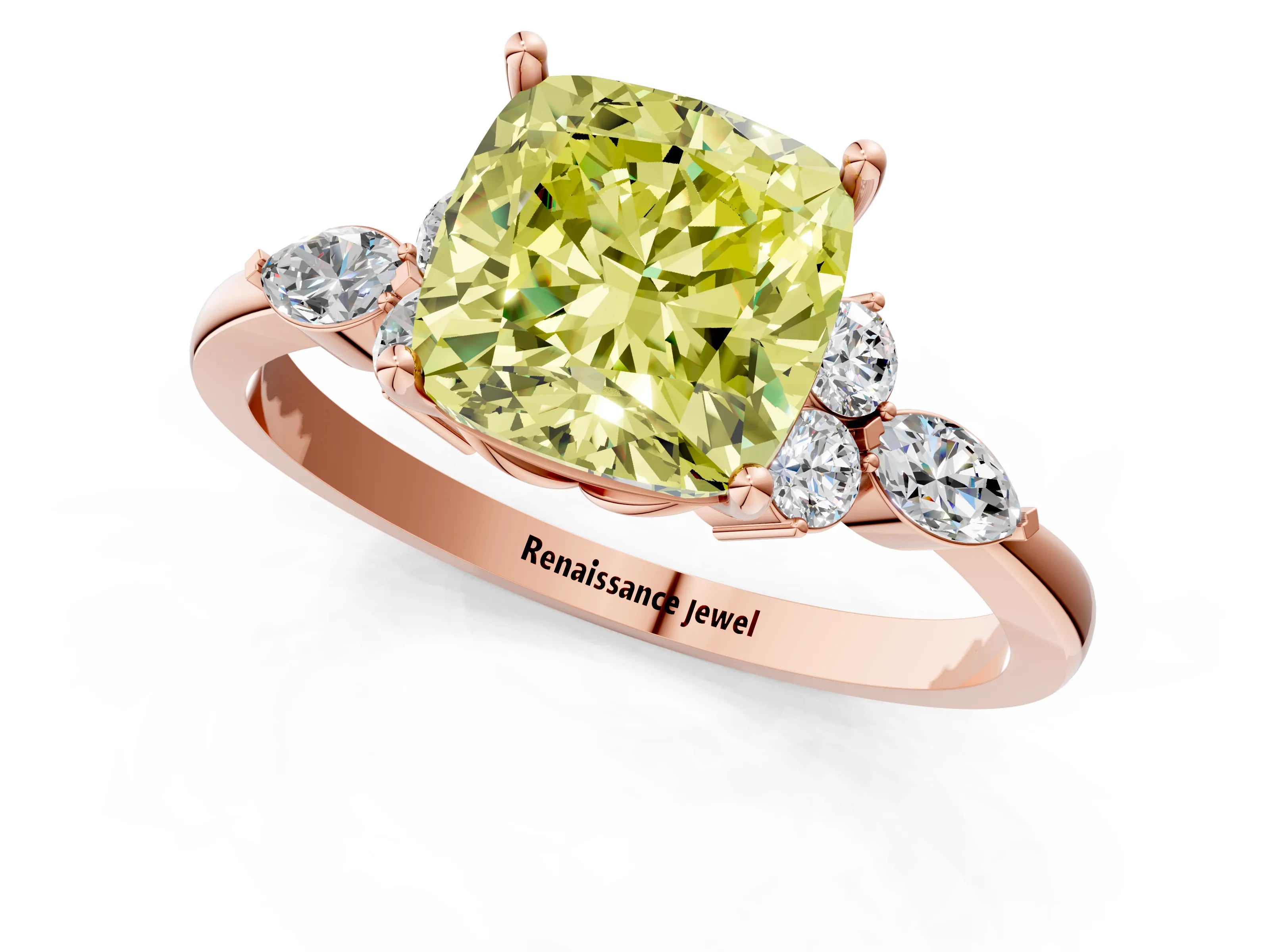 Rose gold Fancy Yellow Cushion Cut Brilliant Diamond Solitaire Ring with Pear Side Stones and Four-Prong Setting_4