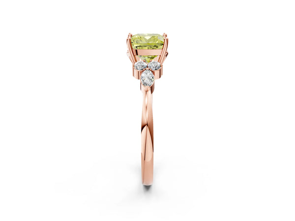 Rose gold Fancy Yellow Cushion Cut Brilliant Diamond Solitaire Ring with Pear Side Stones and Four-Prong Setting