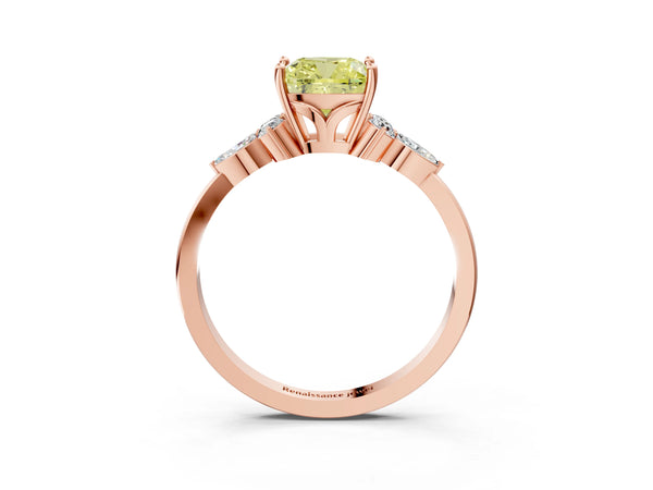 Rose gold Fancy Yellow Cushion Cut Brilliant Diamond Solitaire Ring with Pear Side Stones and Four-Prong Setting