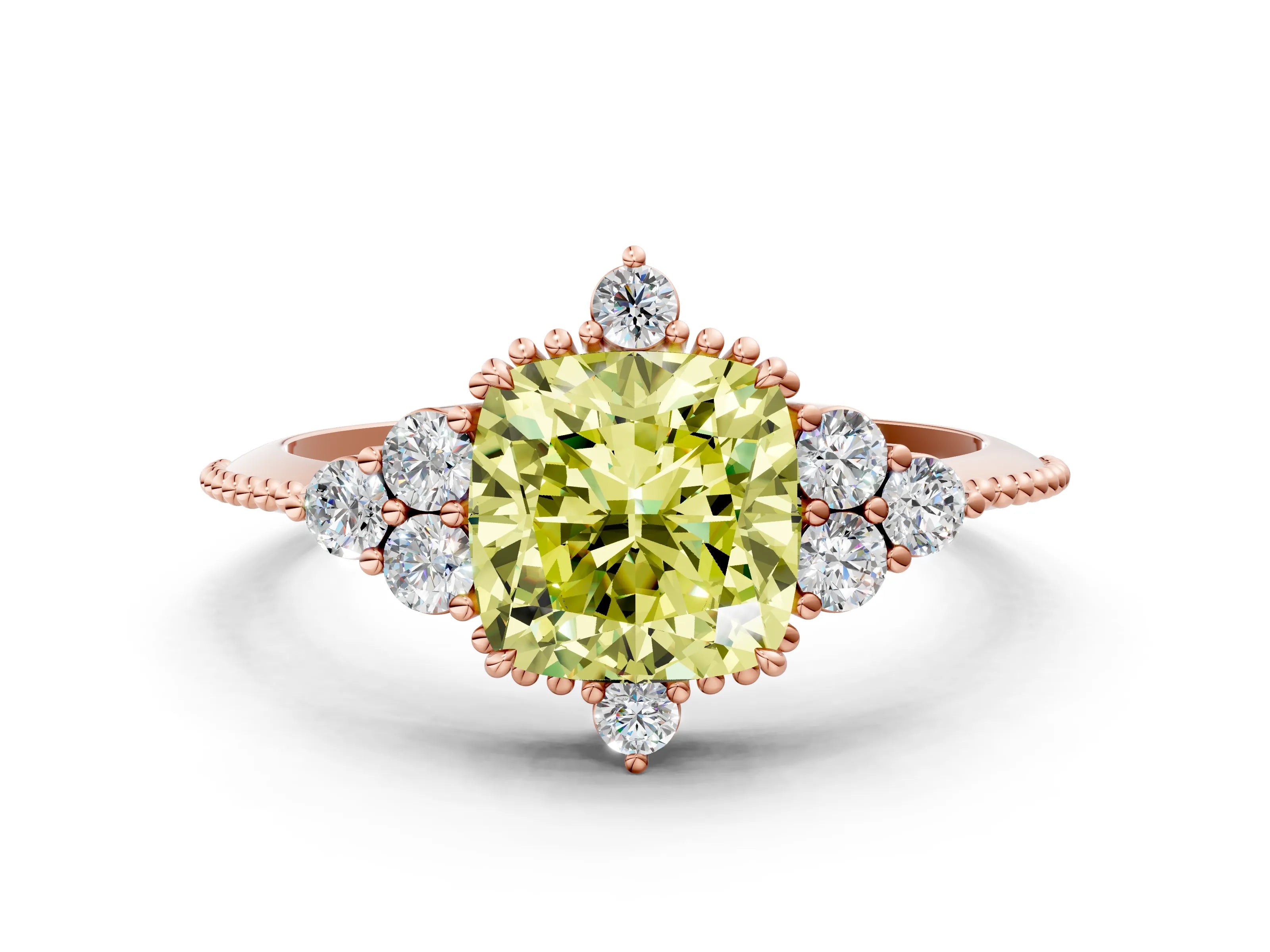 Rose gold Fancy Yellow Cushion Cut Brilliant Diamond with Cluster Setting on a Beaded Band and Four-Prong Setting