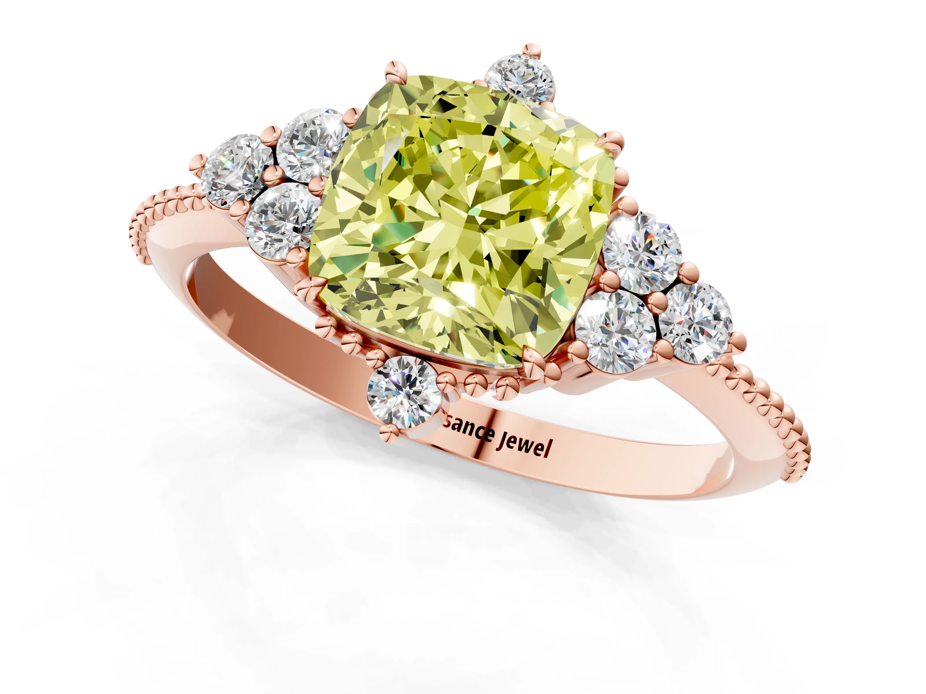 Rose gold Fancy Yellow Cushion Cut Brilliant Diamond with Cluster Setting on a Beaded Band and Four-Prong Setting_1